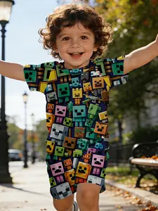 MC game full-print pixel character print baby short-sleeve set, casual kids' clothing for babies, T-shirt suitable for daily and outdoor sports, 100% polyester, a perfect gift for infants and toddlers!