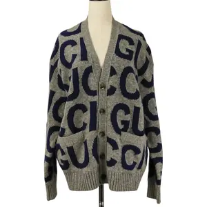 Pre-owned GUCCI Wool Small Leather Goods Logo Intarsia Knit Cardigan