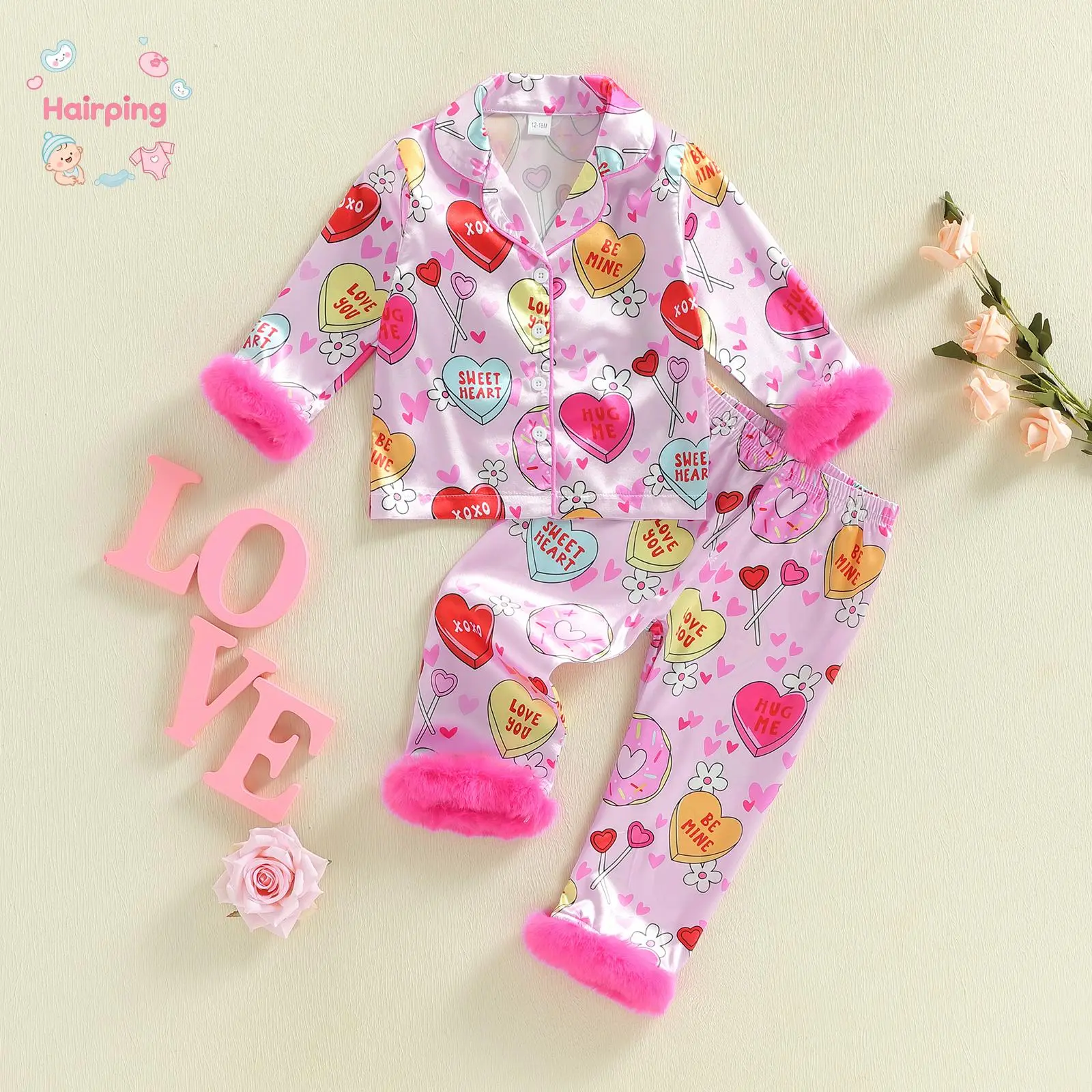 Toddler Girl 2-Piece Baby Clothing Valentine's Day Pajama Set - Pink Heart Print Long Sleeve Shirt, Polyester Satin PJs with Fuzzy Cuffs, Soft Sleepwear Gift Set