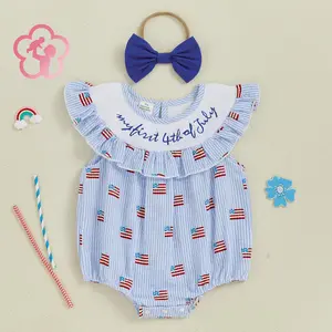 (70% Cotton) GCB Infant Baby Girls 4th of July Romper Summer Casual Flag Stripe Print Fly Sleeves Jumpsuit and Headband Set