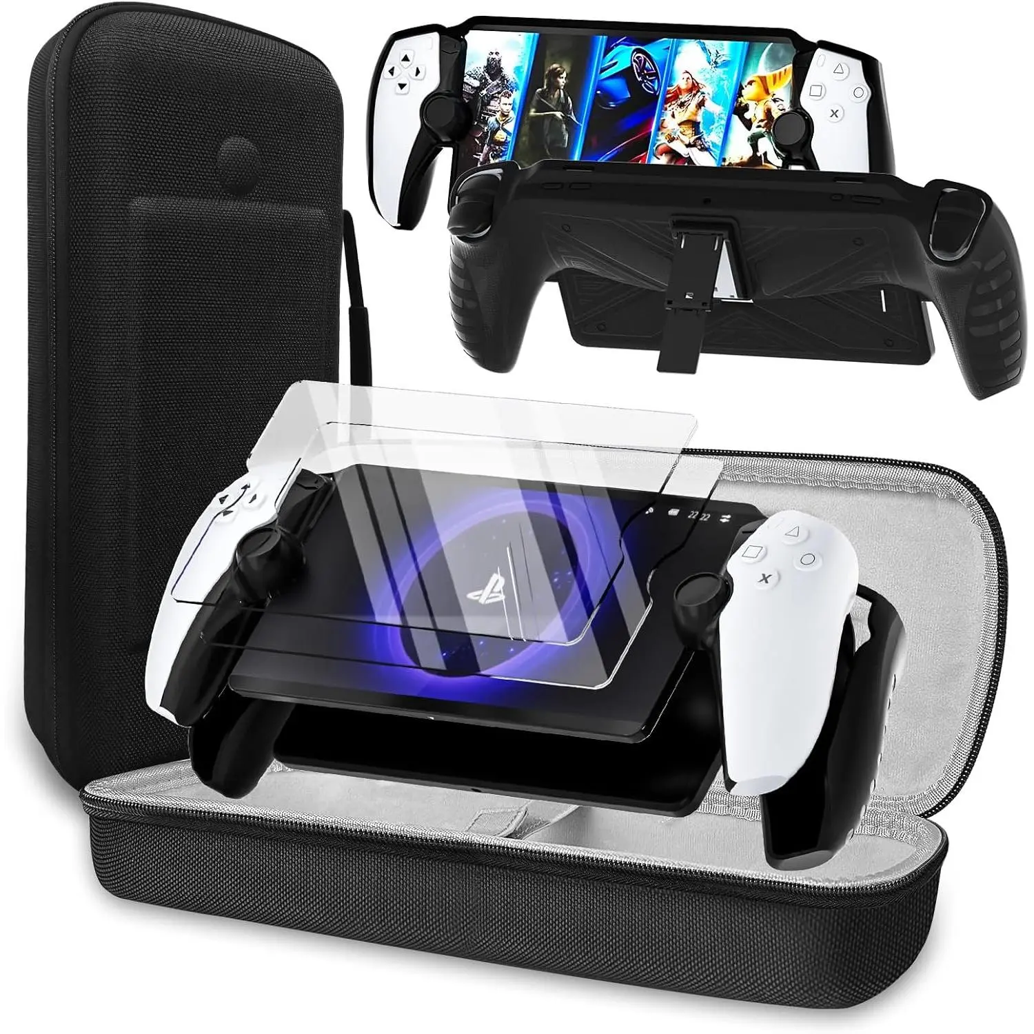 3-in-1 Accessoris Kit Compatible with  Portal, EVA Carrying Case for PS Portal with  Protective Cover with stand, 2 Pack Screen Protectors,Protective Shell Portable Travel Handbag for PS5 Portal Remote Player Black [playstation_5]
