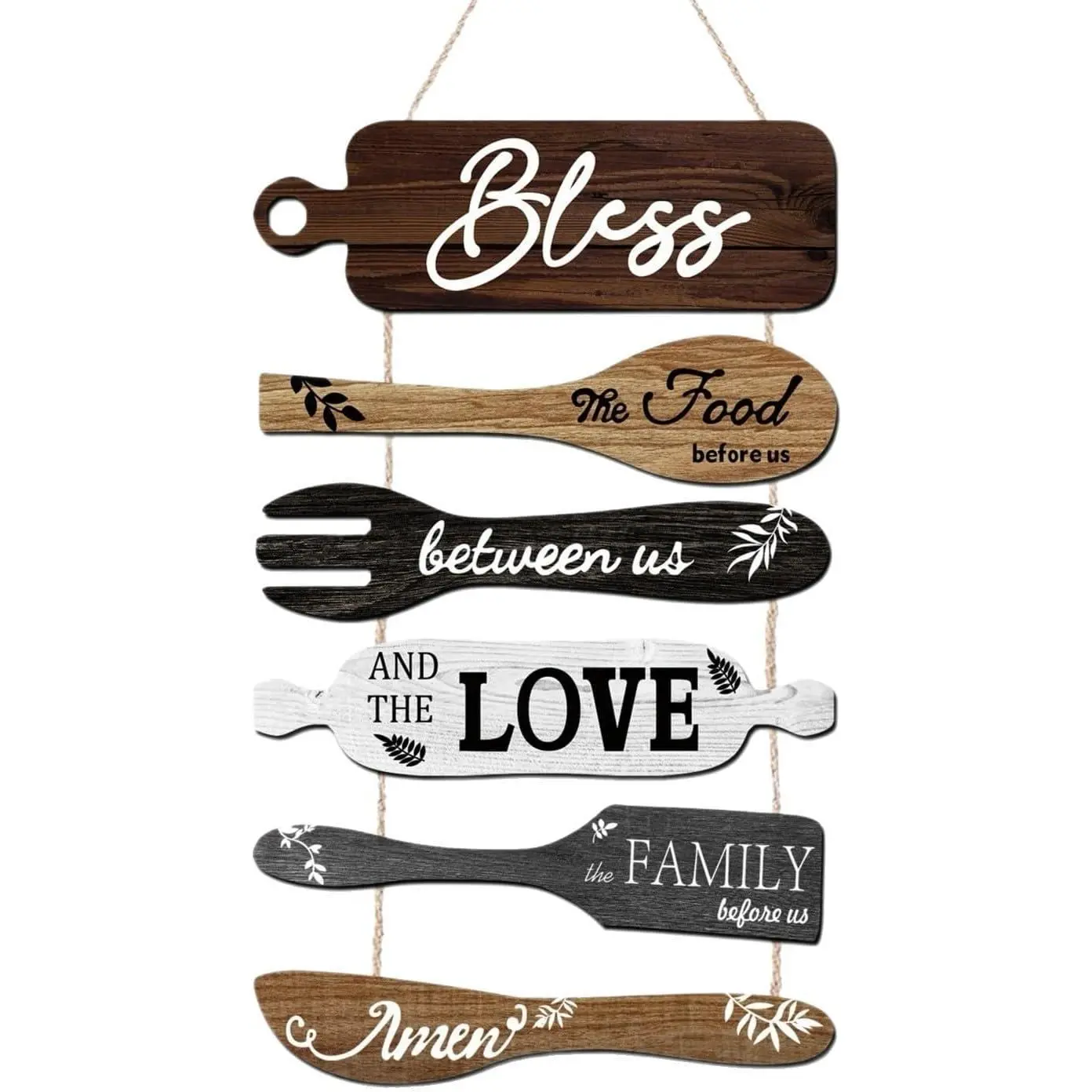 Geetery 6 Pcs Bless The Food Before Us Farmhouse Kitchen Wall Decor Dining Room Collage Decorations Wall Art Rustic Hanging Wooden Roped Sign 13x21 Inches Vertical(Multicolored)