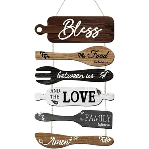 Geetery 6 Pcs Bless The Food Before Us Farmhouse Kitchen Wall Decor Dining Room Collage Decorations Wall Art Rustic Hanging Wooden Roped Sign 13x21 Inches Vertical(Multicolored)