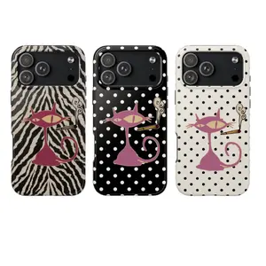Quirky Cat Phone Case – Aesthetic Smoking Cat Doodle Cover for iPhone 17 Pro Max 17 Air 17Pro 16 15 14 13 12 11 Pro Max & Samsung Galaxy| Zebra Print, Polka Dot Background, Indie Trippy Style, Weird Cute Design| Cool Unisex Gift for Her & Him