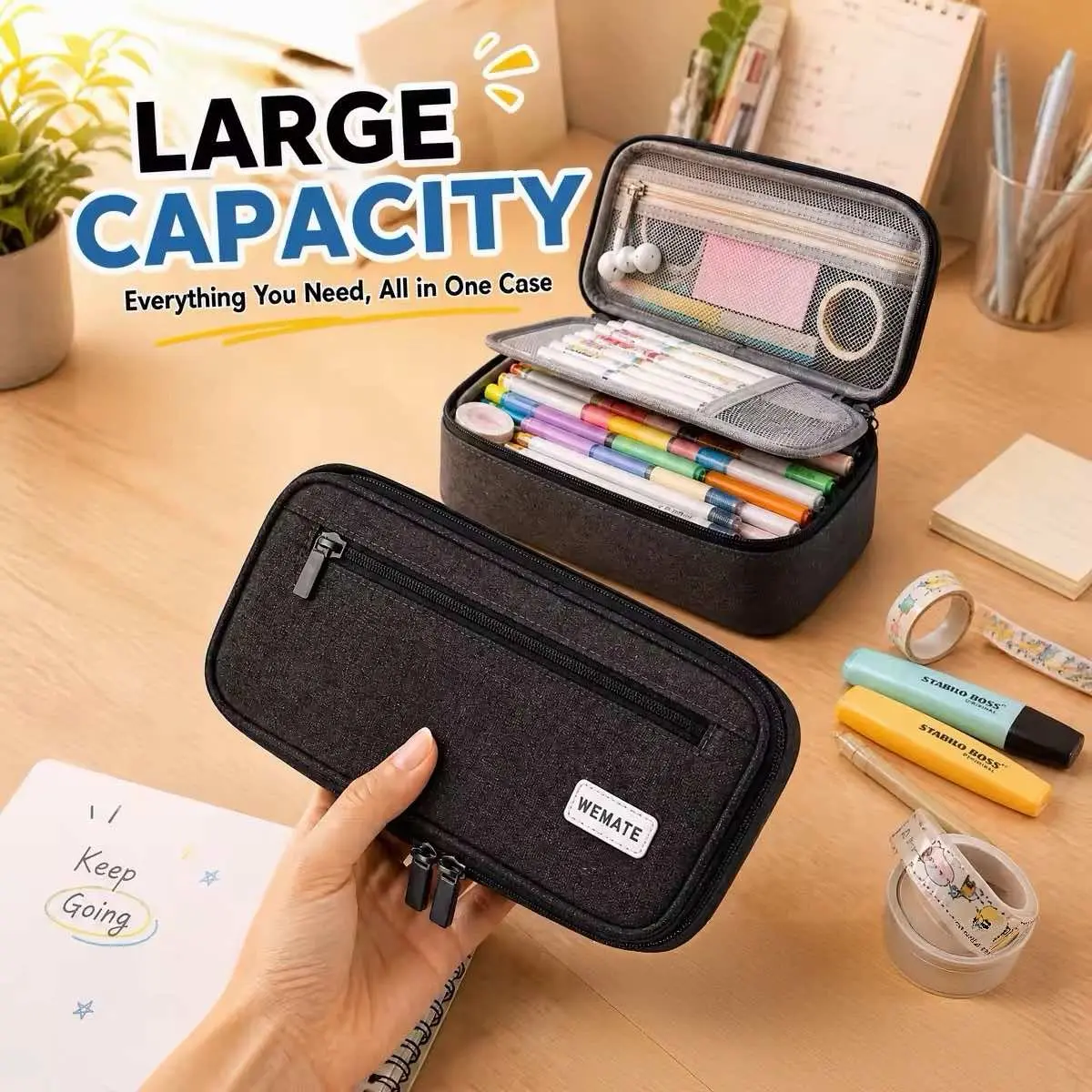 WEMATE 5 Compartments Pencil Case (9*4.3*2.4in) - School Supplies Haul Essential, Back to School Shopping Item, Office Stationery Organizer, Teacher Must-Have, Makeup & Marker Storage Pouch