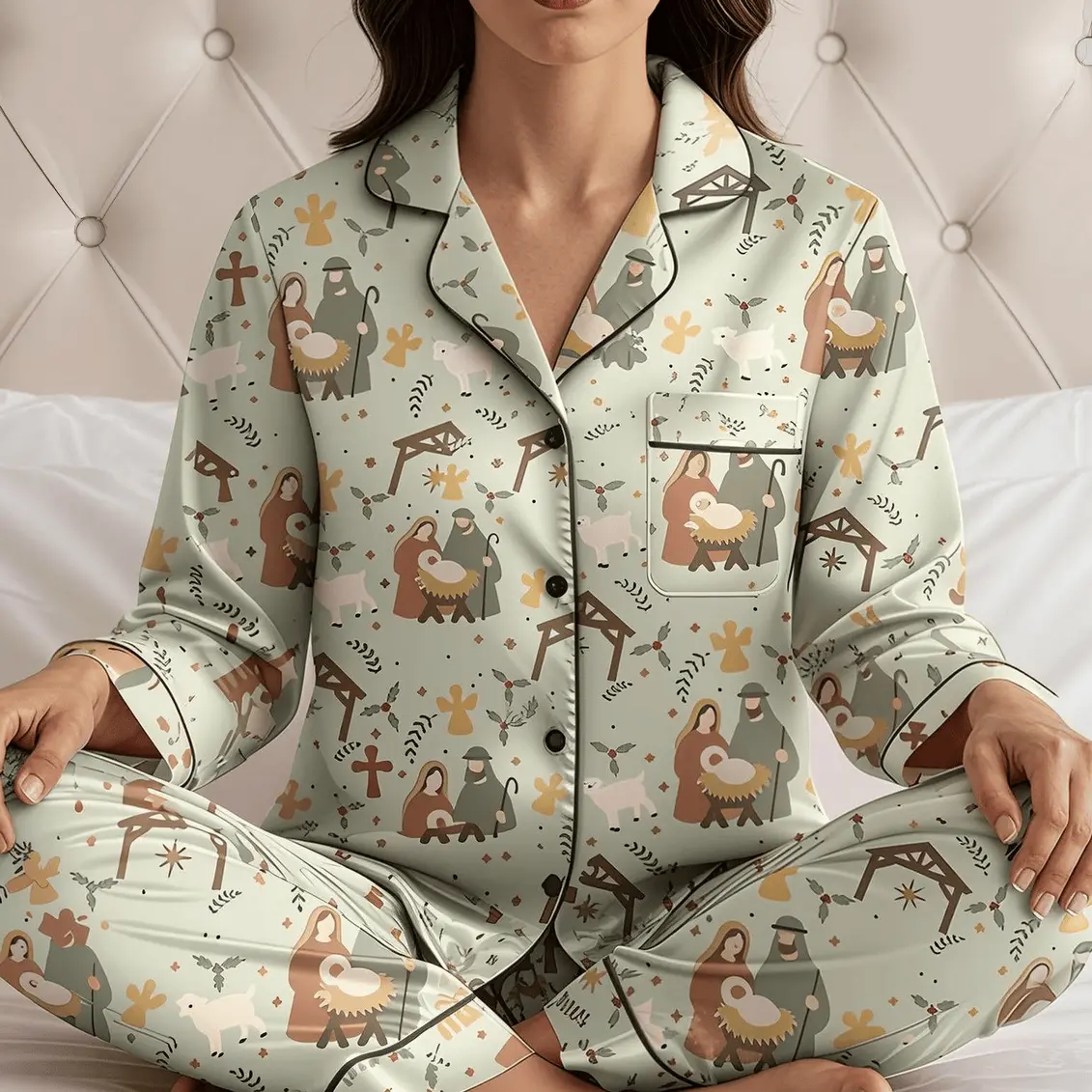 Nativity Scene Christmas Satin Pajamas Set, Joy To The World Religious Christian Pajamas, Festive Holy Night Pjs, Family Christmas Slee Pajama Set For Lovely Sunday Breakfasts
