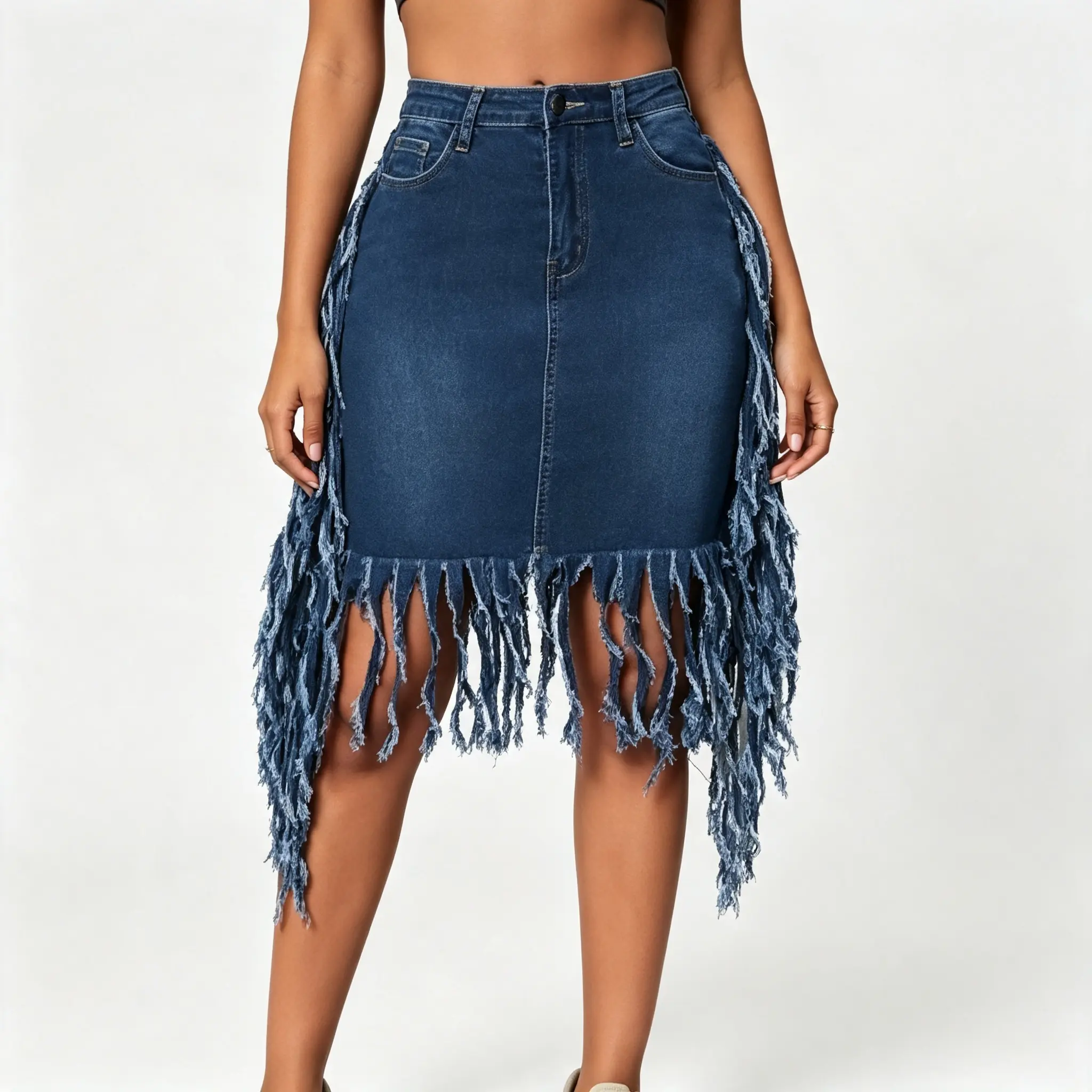 Plus Size Women's High Waisted Denim Pencil Skirt, Dark Wash With Fringe Tassel Trim & Contrast Stitching, Asymmetric Bodycon Midi Skirt