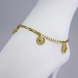 Anklets Tobilleras 14K Real Color 4mmX27cm Gold Coin & Hamsa Hand Charm Anklet for Women