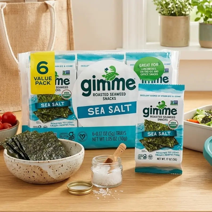 Gimme Seaweed Organic Premium Roasted Seaweed Snacks - Sea Salt Flavor, 6-Count, Keto, Vegan, Gluten-Free, Great Source of Omega-3s and Iodine, Healthy On-The-Go Snack for Kids