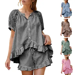 Molitree Women's Gingham 2 Piece Pajama Set Cotton Pj Ruffle Babydoll Short Sleeve Shirt Lounge Shorts Summer Outfits