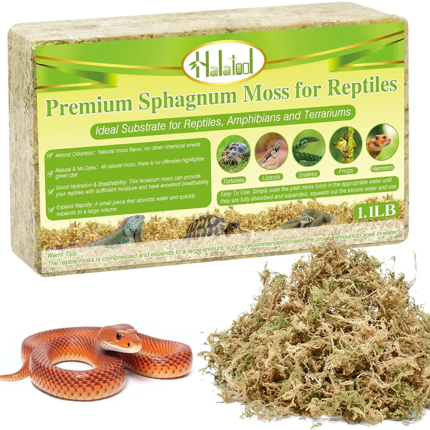 1.1LB Sphagnum Moss for Reptiles(Turtles, Geckos, Snakes, Frogs, Hamsters),  Forest Long Fibered Dried Moss Bulk for Reptiles Substrate & Bedding - 25QT Reptile Habitat Accessories