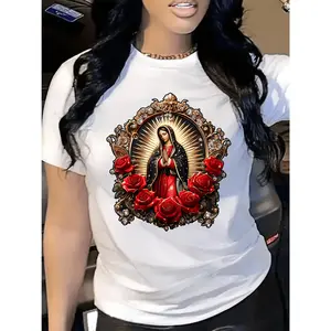 Elegant Floral Prayer Pattern Short Sleeve Casual Tee Ideal for Spring and Summer Gift Giving