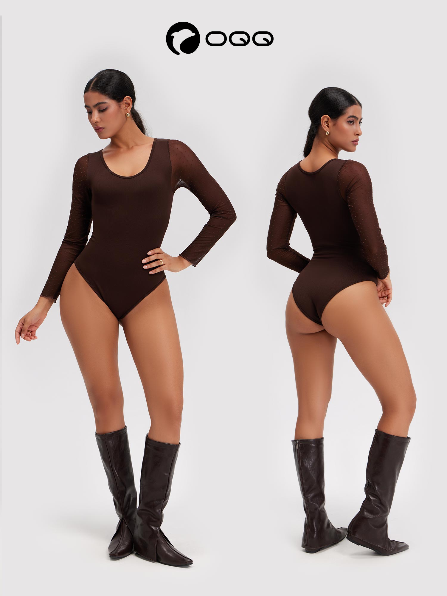 OQQfitness Womenswear Long Sleeve Polka Dots Sexy Bodysuit U Neck Stretch Basic Sheer Dobby See Through Mesh Minimalist Top for Party Outfit