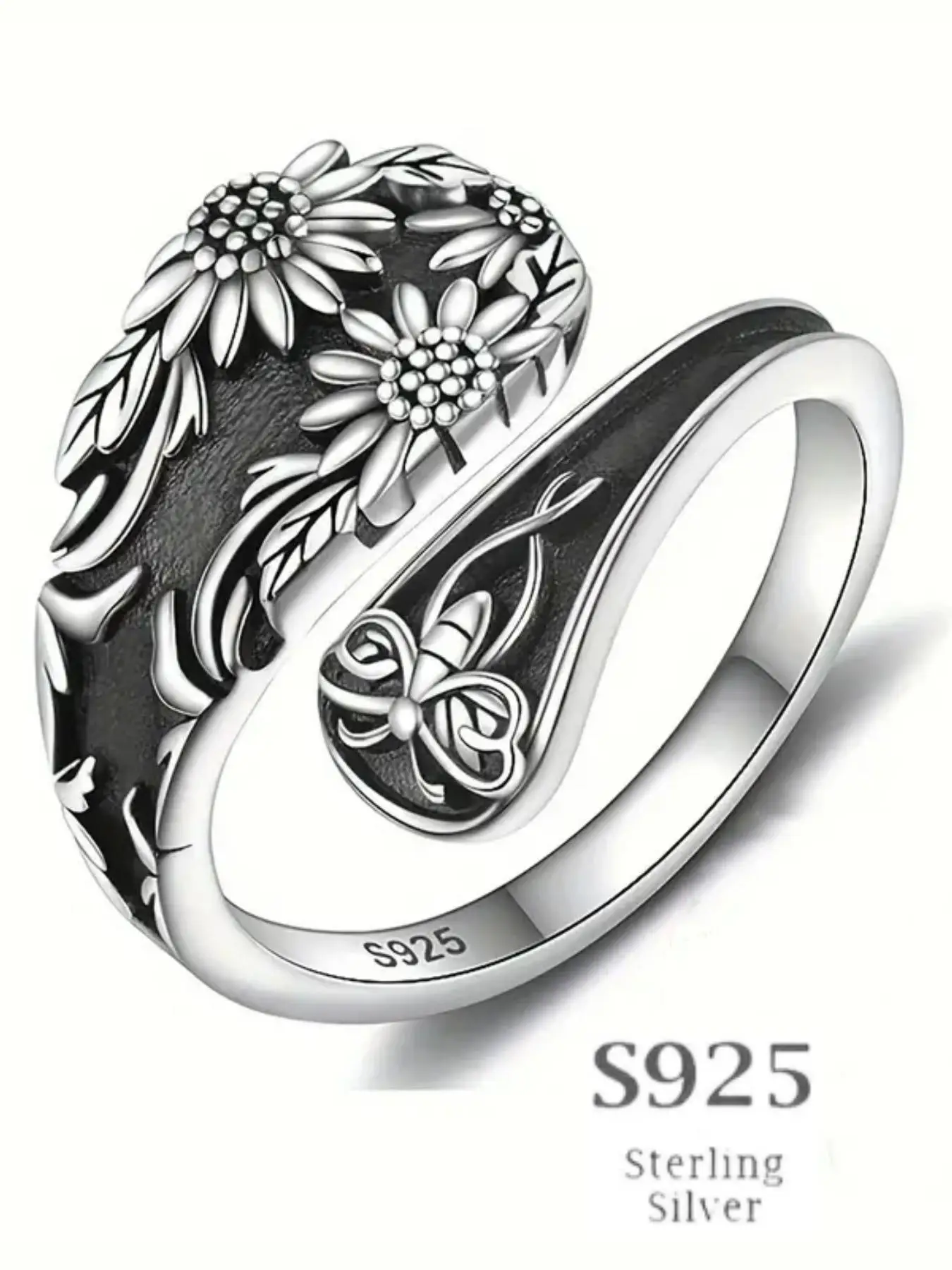S925 Sterling Silver Fashionable Flower & Butterfly Design Cuff Ring, Casual Simple Style Adjustable Ring for Women & Men, Fashion Jewelry for Party