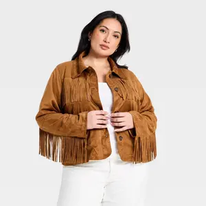 Women's Western Fringe Faux Suede Fashion Jacket - Universal Thread Brown 4X