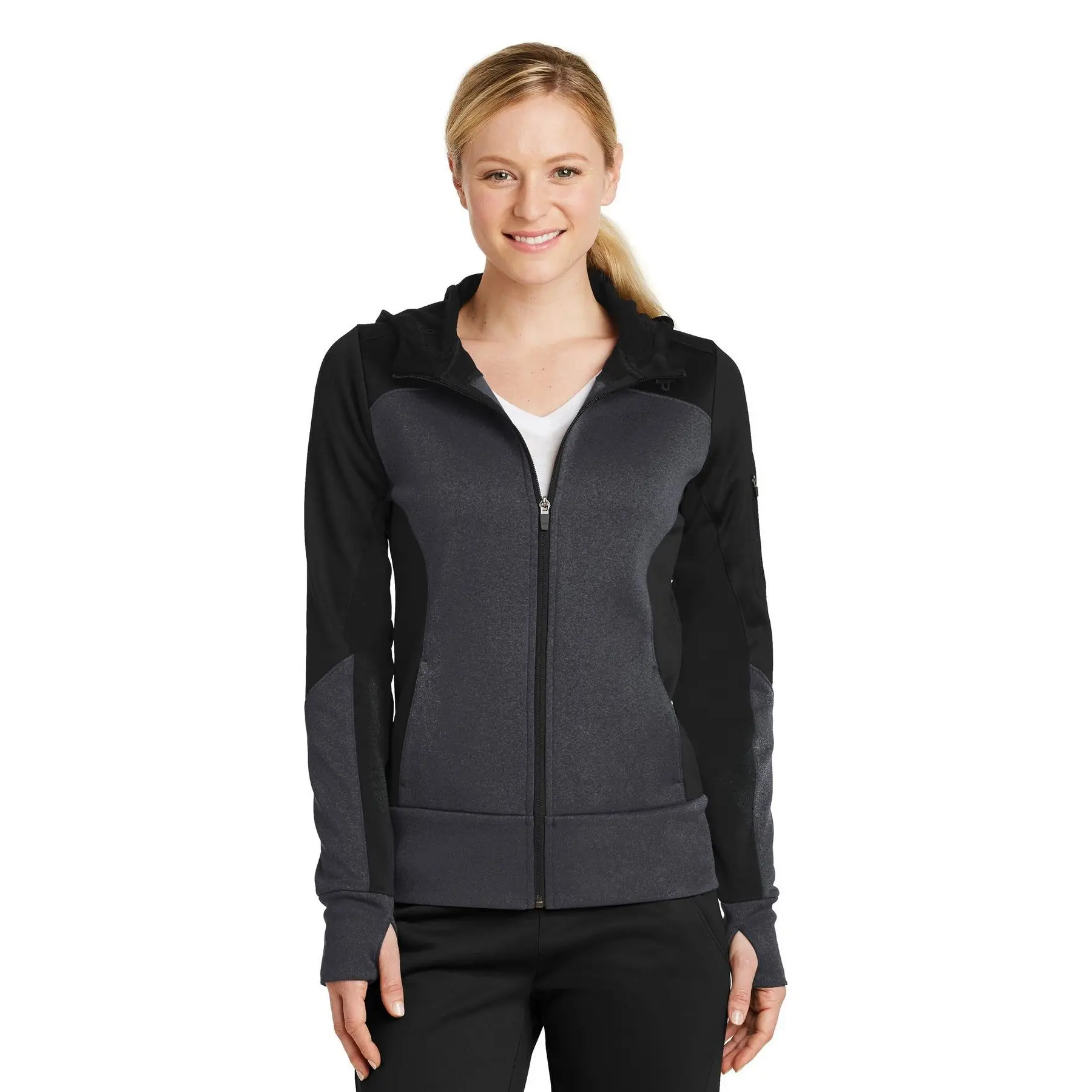 Sport-Tek Women's Colorblock Tech Fleece Hooded Jacket, Athletic Fitted Full-Zip with Moisture-Wicking Performance and Thumbholes, Long Sleeve Shirt, Princess Seams, Female, All Seasons, Headphone Holding Loops, Contrast Reverse Coil Zippered Media Pocket