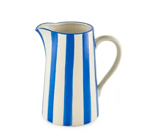 Blue Stripe Ceramic Pitcher Vase 8.5" with Blue Stripe Design and Simple Shape