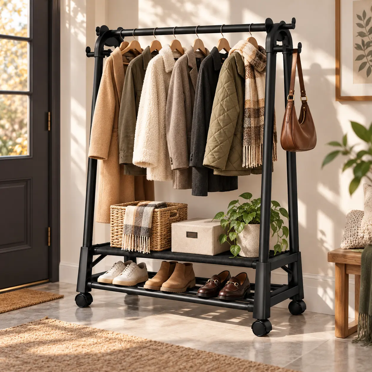 Double Layer Carbon Steel+Fabric Clothing Rack - Hangable Freestanding Garment Organizer with Side Hooks, Shoe Shelf, Lightweight Storage Holder for Bedroom/Closet, Entryway Apartment Clothing/Accessories