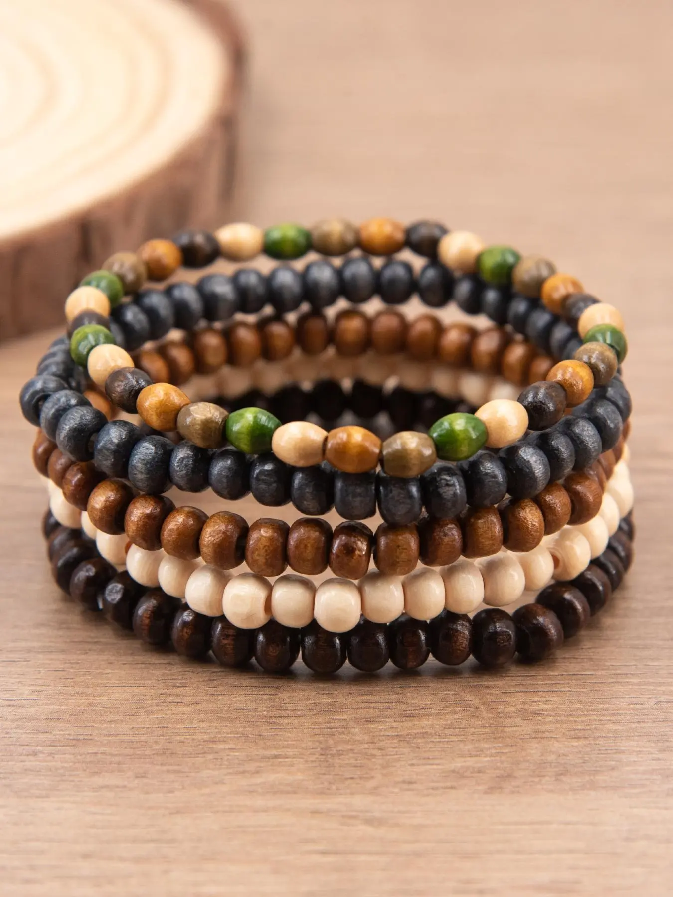 Women's 5-Piece Boho Style Beaded Bracelet Set - Wood Small Bead Bangles, Boho Style Bracelet, Suitable for Daily Wear, Holiday Gifts for Girlfriends
