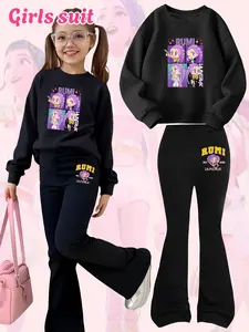 Girls Kpop Demon Hunters Korean Fashion Set, Comfortable Cartoon Print Sweatshirt & Bell Bottoms, Perfect Christmas Gift, Casual Fall Winter Wear