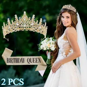 2 Pcs Women Alloy Crystal Crown and Birthday Party Ribbon Crystal Princess Tiaras Rhinestone Queen Headband for Prom Party Fashion Accessories