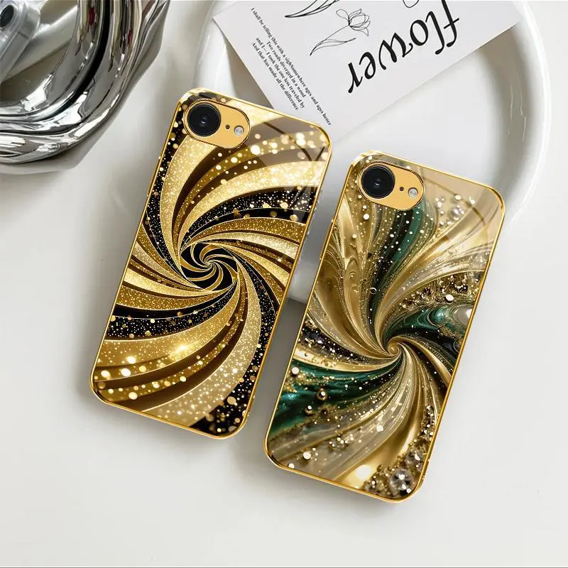 Meiya Luxury Gold-Plated Edge Liquid Swirl Glitter Glass Case, Decorative Phone Protector for iPhone 16e - 975