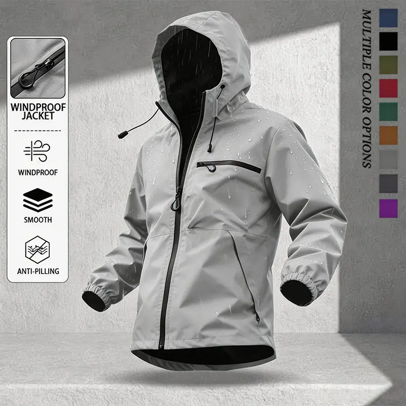 Men’s minimalist functional waterproof hooded jacket—windproof, lightweight outdoor sports outerwear with a full zipper and multiple pockets; a loose, lightweight casual jacket suitable for travel, city walks, and various outdoor activities.