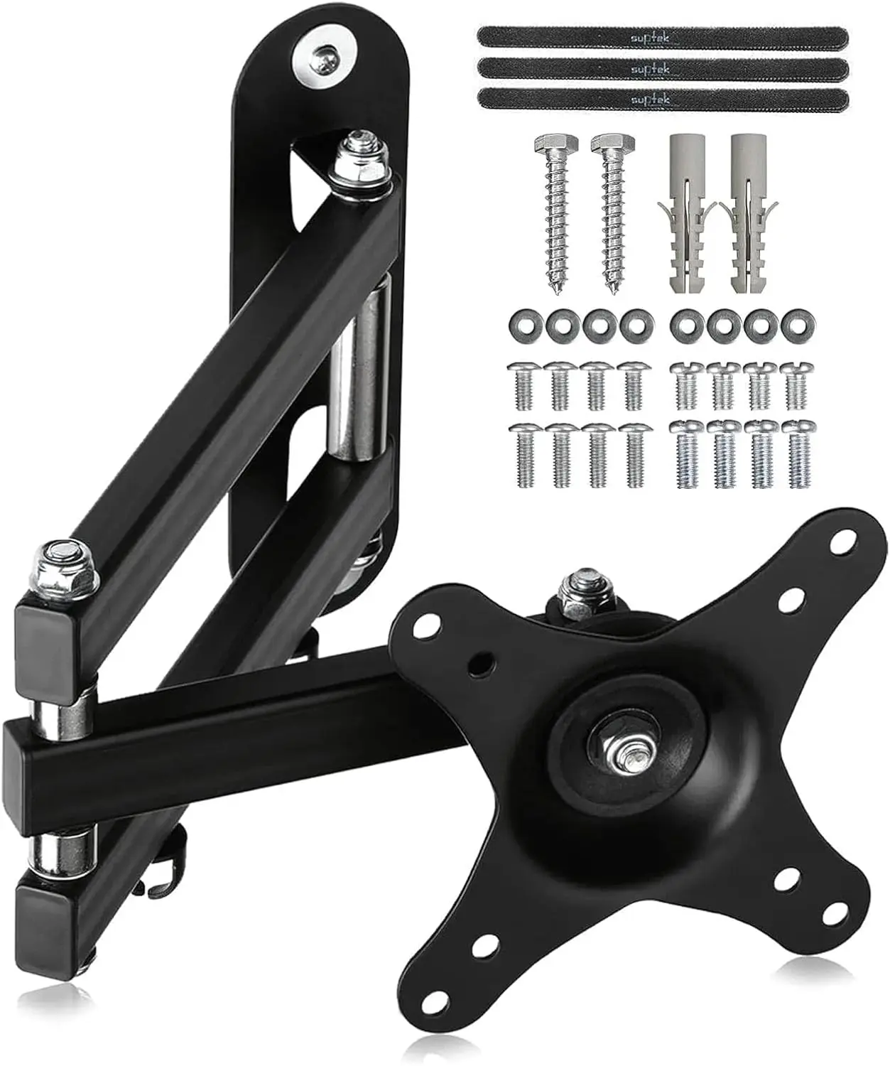 Suptek Industrial Look Full Motion Wall Mount Bracket - Articulated Arm, Swivel-Tilt-Rotation Adjustable, for 15-32 inch LED/LCD Monitors, VESA 75/100, 15.74" Reach, 28lb Capacity, Velcro Ties, +/-20° Tilt, 180° Swivel, Steel, Assembly Required (MA2720)
