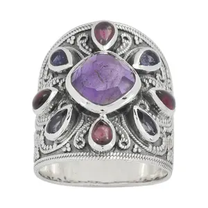 Artisan Crafted Sterling Multi-Gemstone Cigar Ring, Sterling