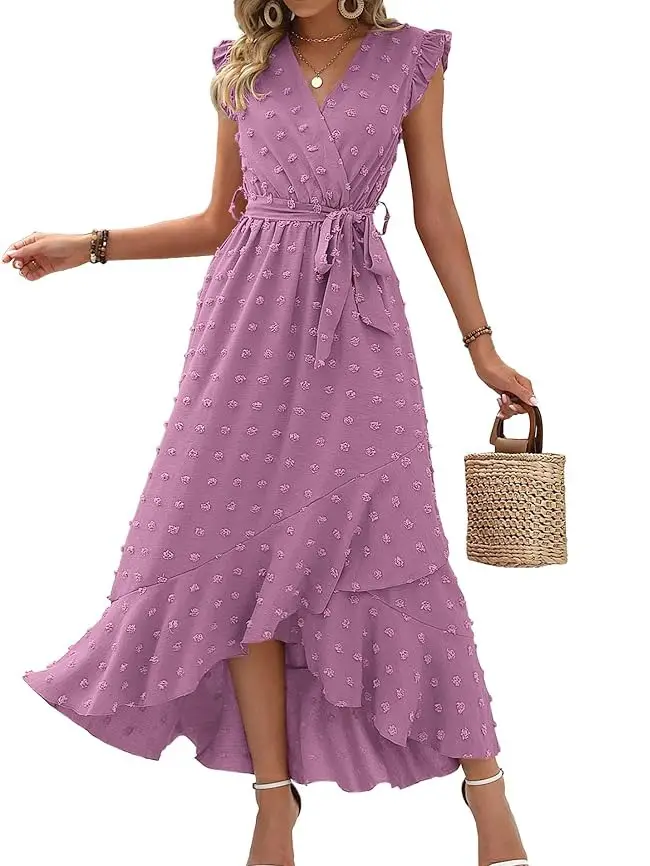 BTFBM Women's V-Neck Summer Dress 2025 Cap Sleeve Swiss Dot Boho Flowy Ruffle Slit Beach Party Long Maxi Cocktail Dresses #Outdoorfun