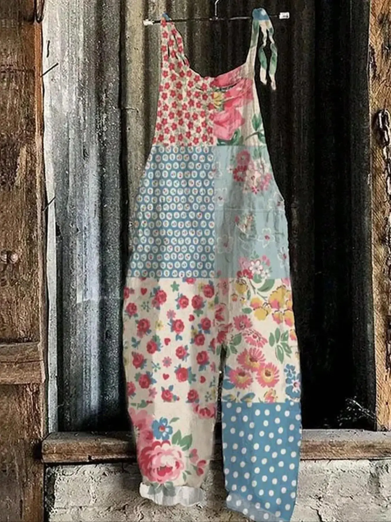 Women's Spring/summer Casual Boho Hippie Summer Jumpsuit with Floral Pattern Patchwork Design, Bohemian Comfortable Vacation for Holiday Travel Floral Print Overalls