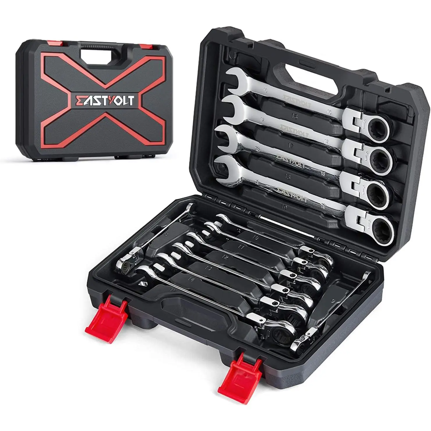 12-Piece-Head Ratcheting Wrench Set, Metric 8mm-19mm, Combination Ended Spanner kits, Vanadium with Toolbox, EVHT1201