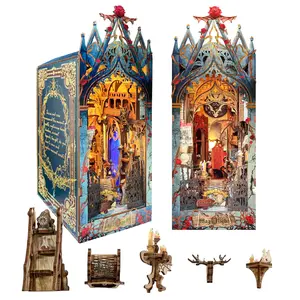 DIY Book Corner Kit, Toy House Bookshelf Insert Decor, 3D Wooden Puzzle, Desktop Decoration, LED Dust Cover, Birthday Gift