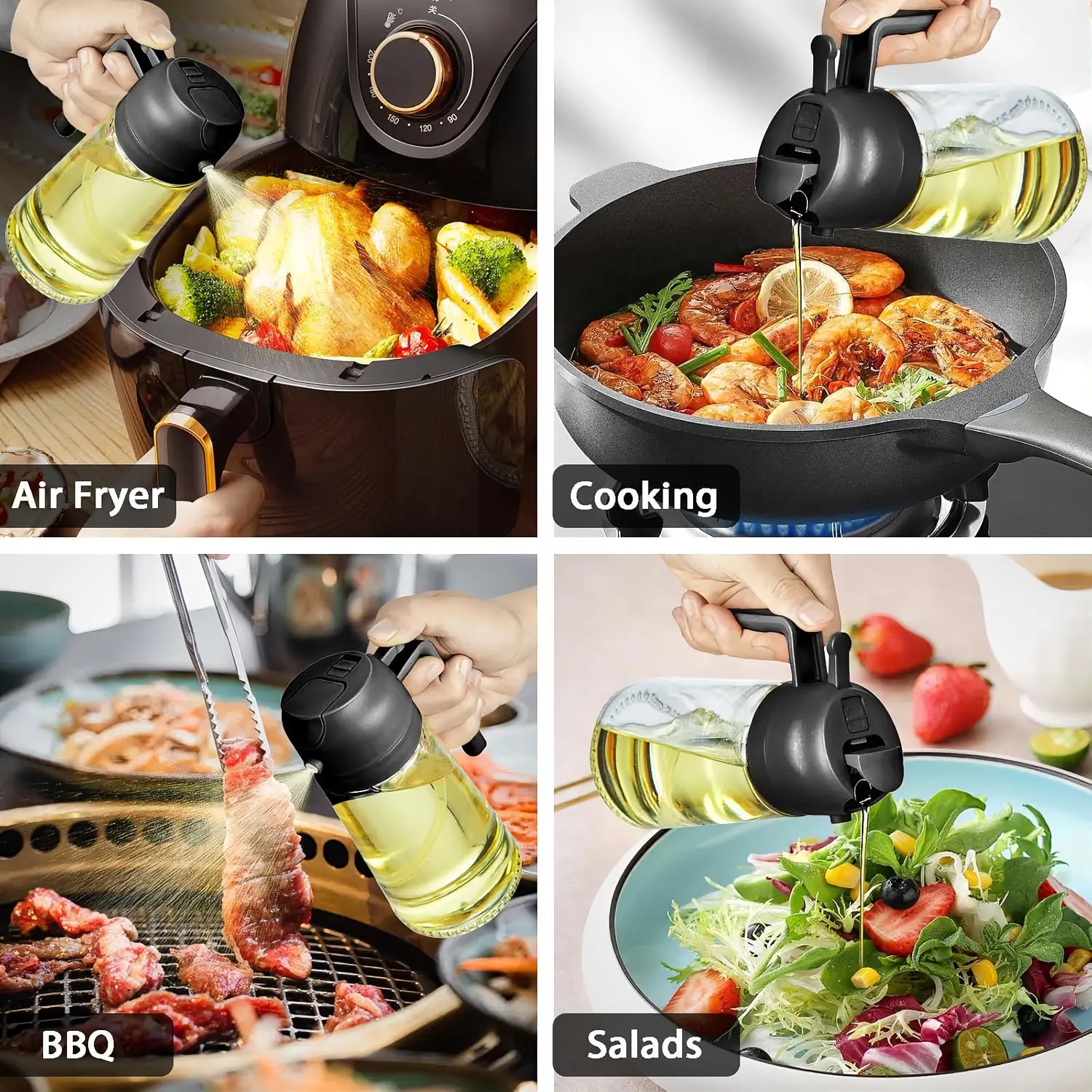 16oz (470ml) Glass Oil Sprayer for Cooking - 2-in-1 Double Action Spray & Pour Dispenser with Leakproof Seal, Black Kitchen Gadget, Air Fryer Accessory