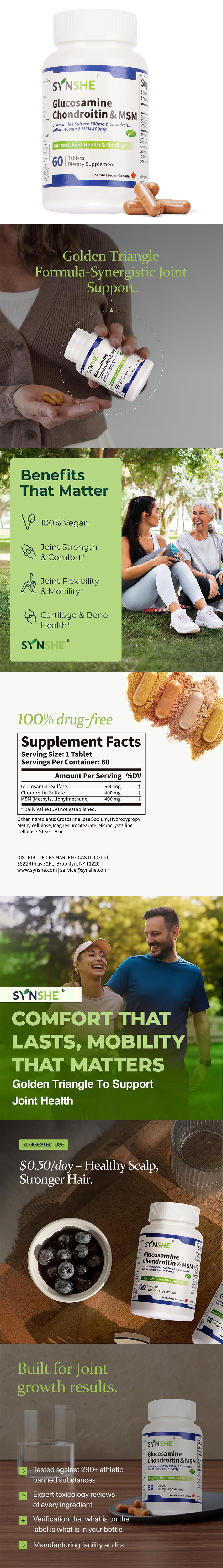 SYNSHE Glucosamine Chondroitin MSM, Triple Strength Joint Support Supplement for Knee, Back & Joint Pain Relief, Cartilage Repair & Mobility