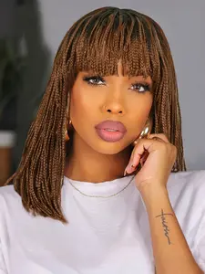 Short Box Braided Wigs for Black Women, Gorgeous Fluffy Wigs with Bangs, Synthetic Braided Wigs for Party, Daily Use, Snatched Wig