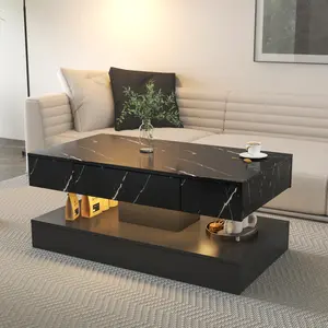 High Glossy Rectangle Coffee Table, 16.93 IN LED Coffee Table,Modern Coffee Table for Living Room,Living Room Tabes, Large Living Room Furniture,LED Lights , Marble Coffee Table for Living Room, Black