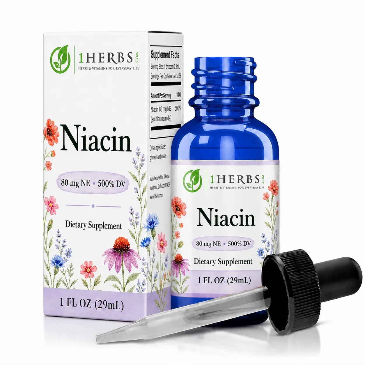 1Herbs Liquid Niacin Vitamin B3 Drops, 80 mg Per Serving, Alcohol-Free Vegan Supplement, 1 fl oz