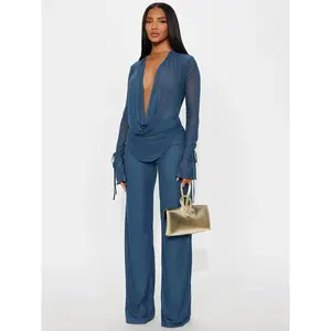 Women's Fashion Casual Two-Piece Set, Deep V Mesh Top & Wide Leg Pants, Trendy Long Sleeve Tie Design, Perfect for Daily Wear