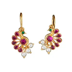 Exquisite Indian Peacock Earrings | Golden-Tone Jhumka with Faux Pearl | Bridal Dangle Jewelry to Celebrate Tradition