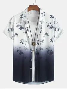 Men's Floral & Ombre Print Short Sleeve Shirt, Regular Fit Casual Button Up Top for Summer, Fashion Men's Clothes for Daily Wear, Boho Casual Shirt