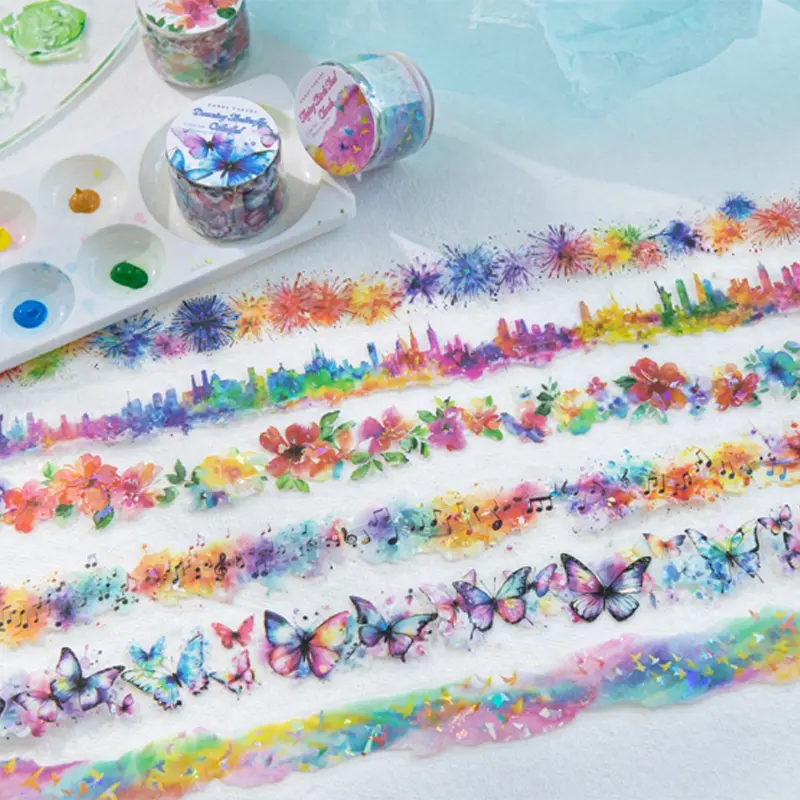 200cm Roll Color Ink Phantom Series Ice Crystal Pet Irregular Tape No Cutting Handmade Decoration Stickers Aesthetic Stickers Diary Notebook Background Creative Gift Material Decorative Sticker Scrapbooking