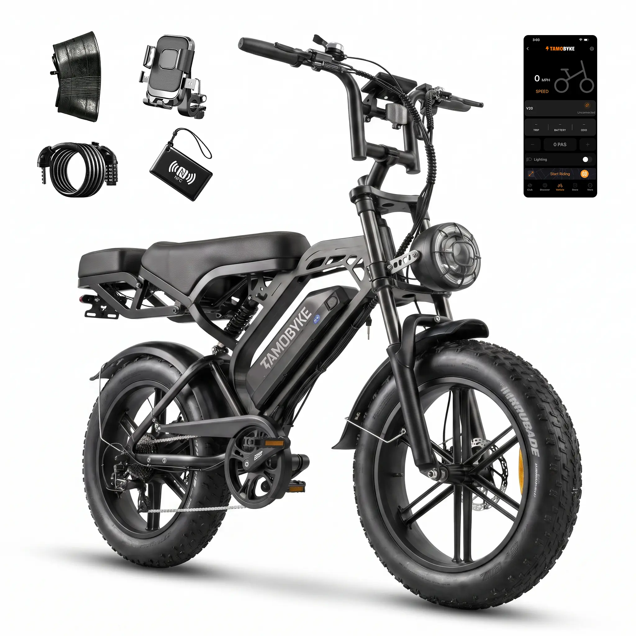 【NEW】V20 Pro Motorcycle Style E-Bike，2000W Peak,33mph Speed. 48V20.8Ah/35-80Miles Pedal Asssit Range,20'' Fat Tire Electric Bike,Dual Hydraulic Brakes,Color LCD Display, Support Cruise Control, Setting Speed Limit, NFC & Password Unlock,UL 2849 Certified.