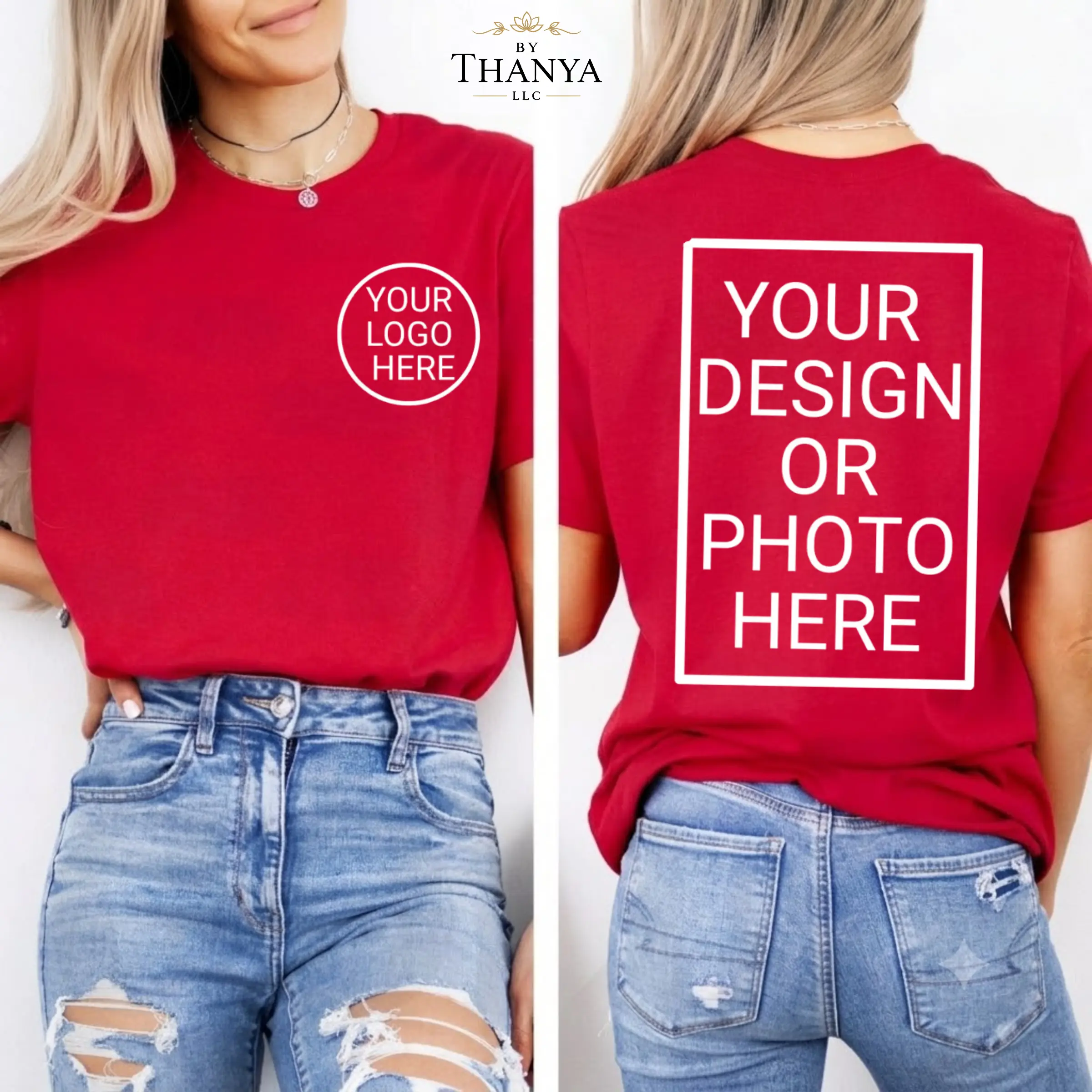 Custom Printed Cotton T-Shirt: Personalized Design Tee, Any Occasion, Your Design Or Photo Here Front Chest And Back Print Shirt, Custom Design Gift Tee For Women And Men - By Thanya LLC