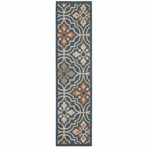 HomeRoots 388359 8 ft. Floral Lattice Indoor Outdoor Runner Rug, Blue