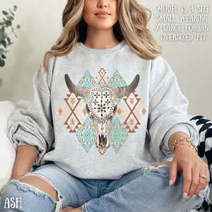 Cow Skull Crewneck Sweatshirt, Western American Cow Skull Sweatshirt, Western Gift, American Rodeo Sweater, Cowgirl Sweater, Aztec Print 588K8