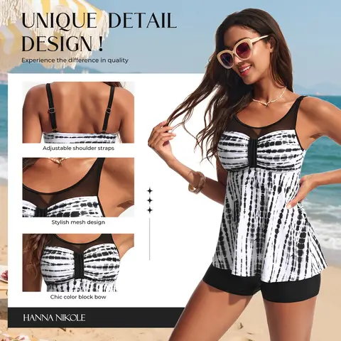 Hanna Nikole Women's 2-Piece Water-Ready Tankinis Set, Mesh Fabric Loose-Fit Top, Tummy Control Boy Shorts, Sports & Outdoor Beach Wear for Easy Movement, Water-Ready Women's Tankinis Set