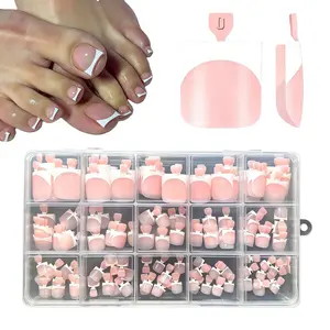 150Pcs French Press On Toenails - Short Square Round Shape, 15 Sizes Baby Pink Full Cover Fake Toe Nail Tips for Women
