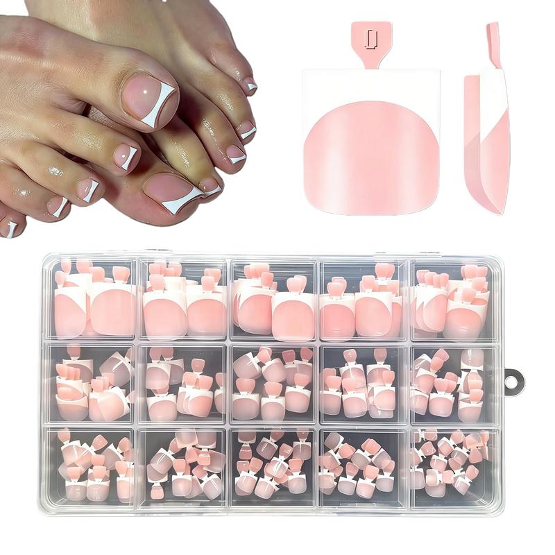 150Pcs French Press On Toenails - Short Square Round Shape, 15 Sizes Baby Pink Full Cover Fake Toe Nail Tips for Women