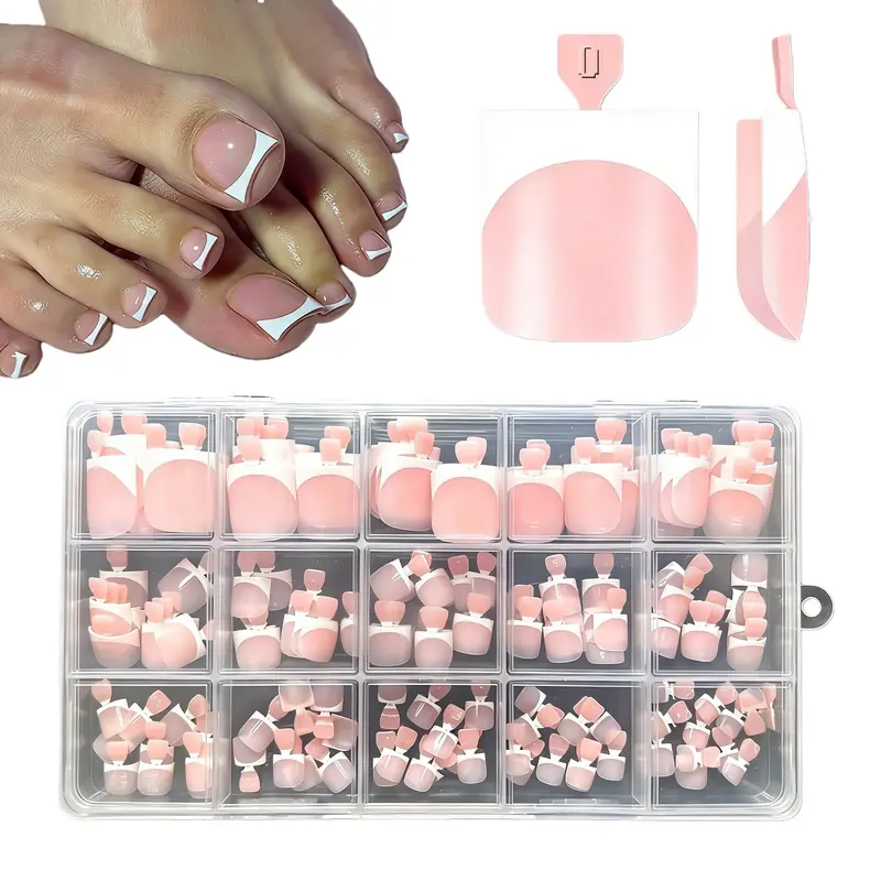 150Pcs French Press On Toenails - Short Square Round Shape, 15 Sizes Baby Pink Full Cover Fake Toe Nail Tips for Women